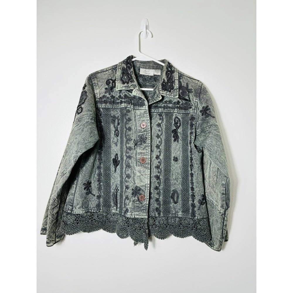 Casual‎ Living Embroidered Jacket Sz M Stone Washed Gray Western Retro Crochet